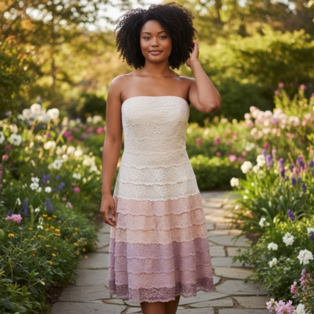 Carmen Marc Valvo Strapless Lace Dress in Cream Pink Mauve Ombre Midi Length